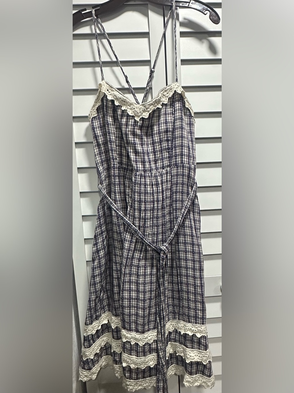 Moulinette Soeurs Purple and White Plaid Midi Dress with Lace Accents